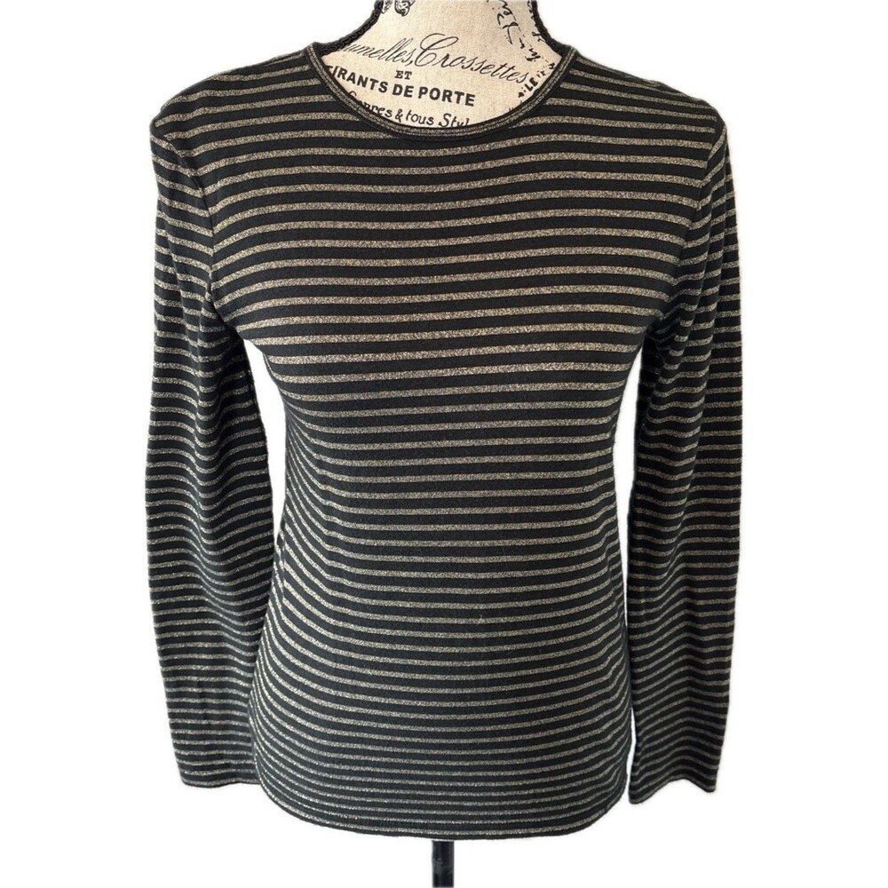 Lauren Ralph Lauren Petite Long Sleeve Sparkle Gold Black Stripe Top S/P Preppy